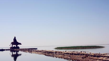 Tranquil Lake Shore with Monument wallpaper