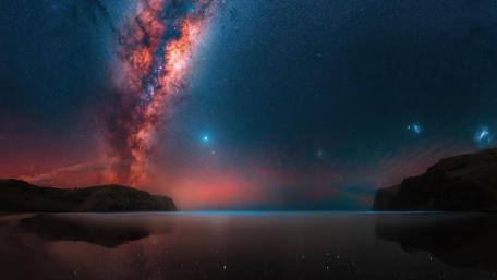 Milky Way in landscape of lake and mountains wallpaper