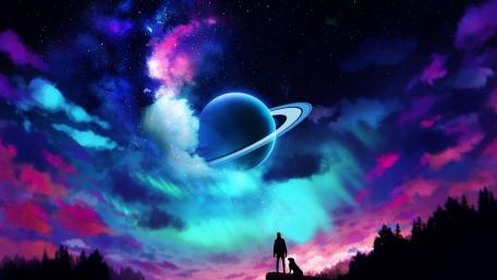 Cosmic Vista with Aurora and Ringed Planet wallpaper