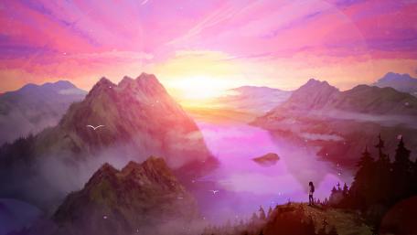 Sunrise in the mountains digital art wallpaper