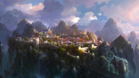 Majestic Fantasy City Amidst Mountains wallpaper
