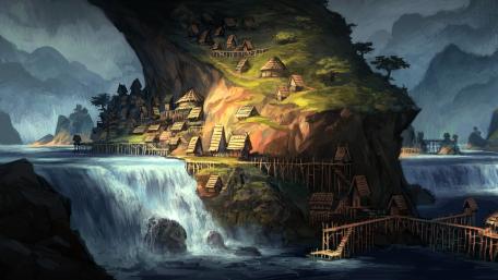 Mysterious Cliffside Village wallpaper