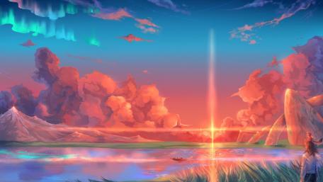 Serene Anime Lakeside at Sunset wallpaper
