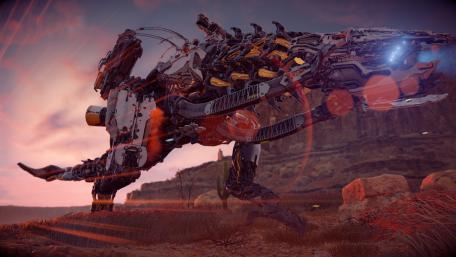 Mechanical T-Rex Rampage in Dystopian Terrain wallpaper