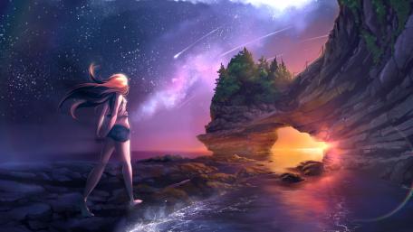 Starry Seaside Encounter wallpaper