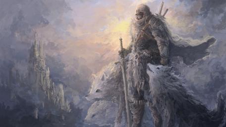Mystic Warrior and Wolves in Dusklight wallpaper