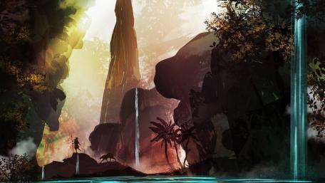 Epic Fantasy Landscape with Waterfall and Mountains wallpaper