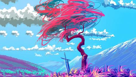 Whimsical Tree and Sword in Fantasy Realm wallpaper