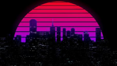 Neon Noir Metropolis under a Pink Moon wallpaper