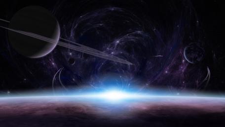 Majestic Ringed Planet Over Cosmic Horizon wallpaper