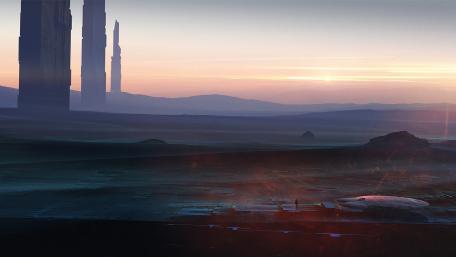 Futuristic Towers at Dawn in Alien Landscape wallpaper