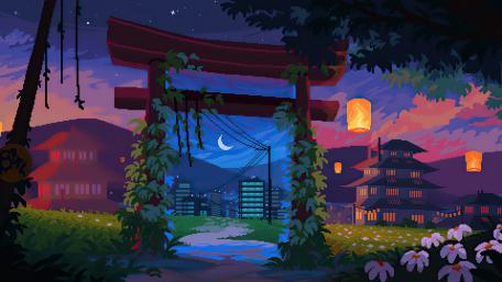 Pixel Art Serenity Under a Crescent Moon wallpaper