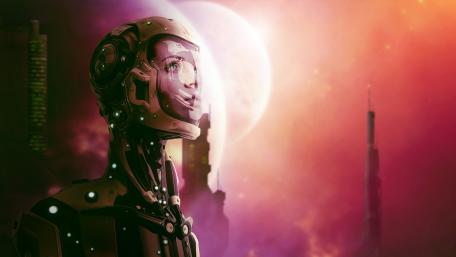 Futuristic Astronaut in a Cosmic Landscape wallpaper