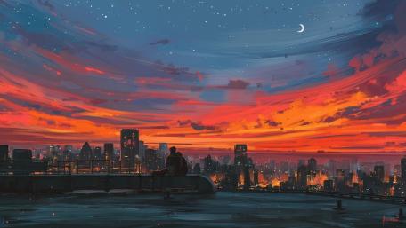 Starry Sunset Over Anime Cityscape wallpaper