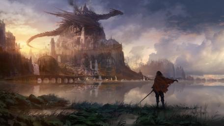Majestic Dragon Over Medieval Fortress wallpaper