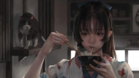 Thai girl eating noodles wallpaper
