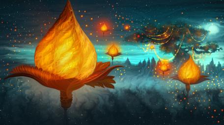Glowing Blooms in Enchanted Foggy Night wallpaper