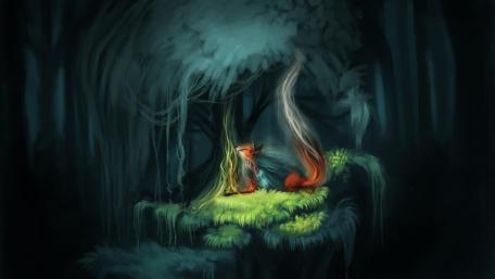 Enchanted Fox in Dark Forest wallpaper