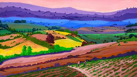 Vibrant Fantasy Landscape of Rolling Hills and Fields wallpaper