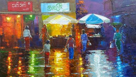 Vibrant Market Under Rainy Night Sky wallpaper