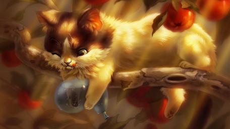 Whimsical Kitten Playtime in a Dreamy Orchard wallpaper