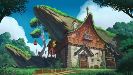 Whimsical Cliffside Cottage in Fantasy Realm wallpaper