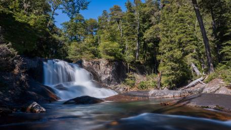 Serene Waterfall Cascading Through Lush Greens wallpaper