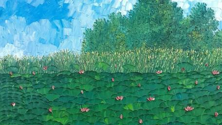 Serene Fantasy Landscape with Water Lilies and Lush Greenery wallpaper