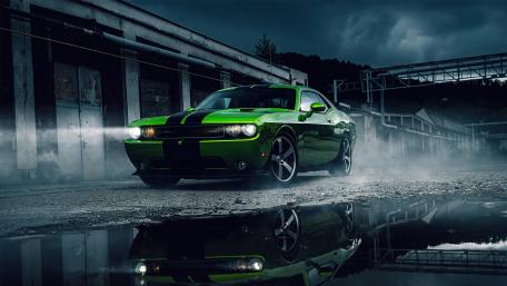 Evocative Green Dodge Challenger in Night Mist wallpaper