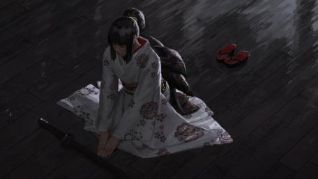 Samurai Girl in Thoughtful Repose wallpaper