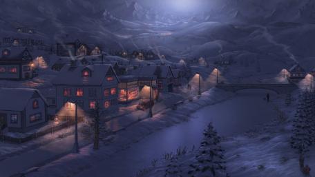 Moonlit Winter Village by the Frozen River wallpaper