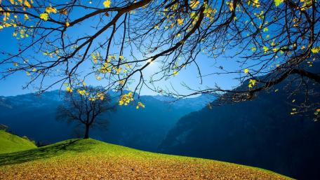Autumn Sunshine Over Serene Mountainscape wallpaper