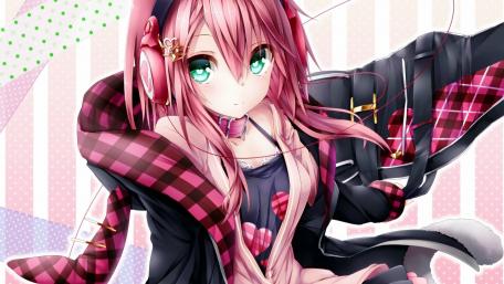 Melodic Gaze of a Pink-Haired Anime Muse wallpaper
