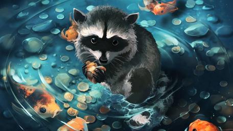 Whimsical Raccoon and Goldfish Fantasy wallpaper