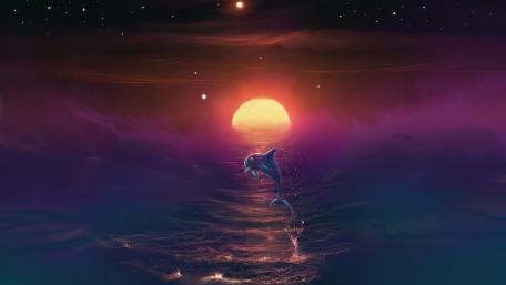 Dreamy Sunset with Dolphin Dance in Digital Wonderland wallpaper
