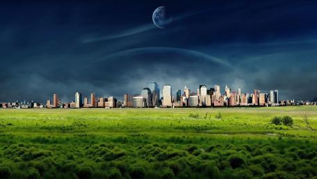 Mystical Moonlit Cityscape Over Rolling Fields wallpaper