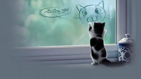Whimsical Feline Longing by the Window wallpaper