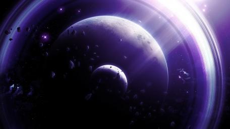 Mystical Purple Planet with Moon and Rings wallpaper