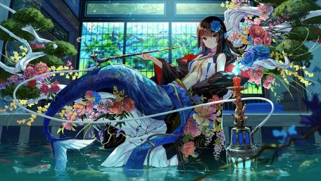 Mystic Mermaid in Blooming Waters wallpaper