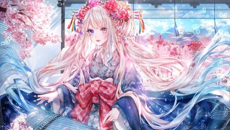Enchanting Anime Girl in a Cherry Blossom Setting wallpaper