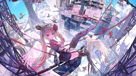 Cityscape Adventure with Anime Girl wallpaper