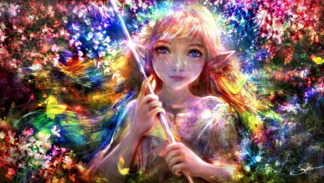 Mystical Elf Among Blossoms and Butterflies wallpaper