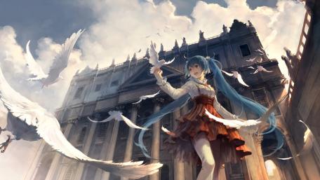 Mystical Miku Amidst Soaring Doves wallpaper