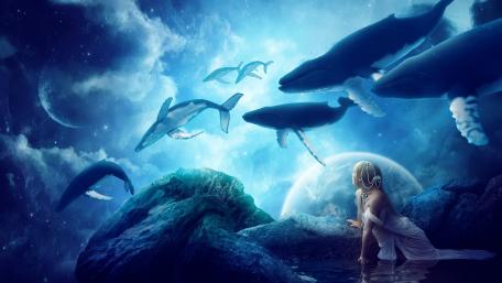 Dreamy Ocean Whalescape in Blue Fantasy wallpaper