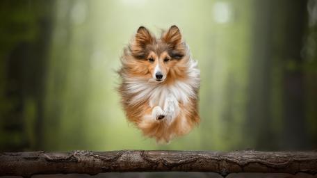Joyful Rough Collie in Mid-Jump Over a Log wallpaper