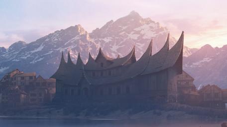 Magical Mountain Town at Dawn wallpaper