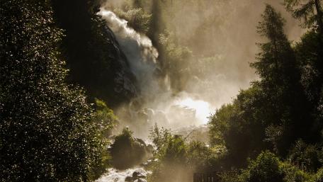 Majestic Waterfall in a Forested Paradise wallpaper