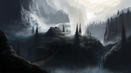 Mystical Mountain Retreat in Foggy Landscape wallpaper