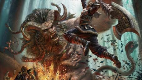 Epic Battle of the Minotaur Warrior Against a Fearsome Monster wallpaper