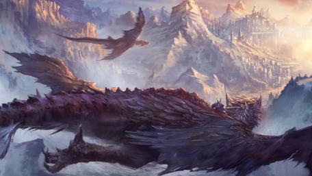 Majestic Dragon Soars Above Enchanted Mountains wallpaper
